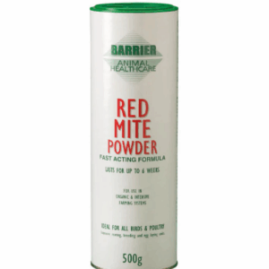 Barrier Red Mite Powder, 500g. 100% Natural Mite Repellent Powder.

Red Mite Powder from Barrier is an insect repellent for amateur use against Red Mite, also known as Chicken Mite, Roost Mite and Poultry Mite.

Apply directly to poultry and sprinkle liberally in the housing paying particular attention to the perch ends, corners and crevices.

Safe for use in Organic and Intensive farming systems. Ideal for all Birds and Poultry. Lasts for up to six weeks.

Red Mite Powder does not taint eggs. Sterilizable maize is used as the carrier and the ingredients include Australian Tea Tree Oil 1.5% and Lavandin Oil 1.5%.