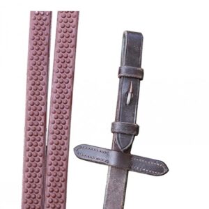 Quality 5/8” reins, Nylon inserts for maximum flexibility and strength, Specially designed rubber grip pattern to provide the ultimate connection between horse and rider, Leather rein stops, Hook stud end.